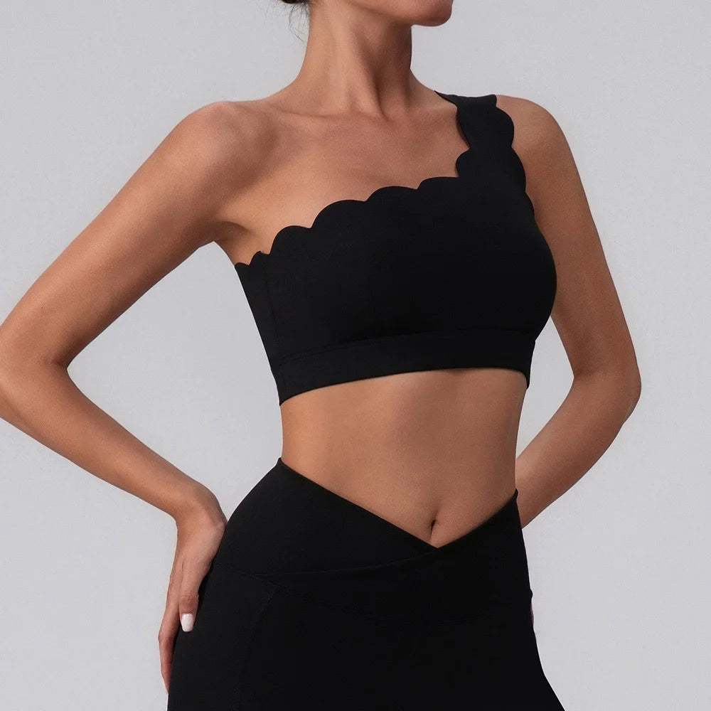 Fitness Clothing Set Wave  One Shoulder Long Sleeve Peach Long Pants Yoga Set Women Breathable Moisture Wicking Elastic