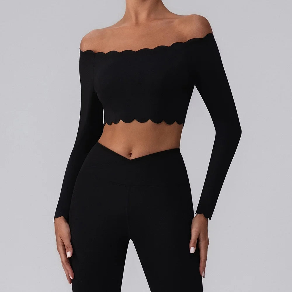 Fitness Clothing Set Wave  One Shoulder Long Sleeve Peach Long Pants Yoga Set Women Breathable Moisture Wicking Elastic