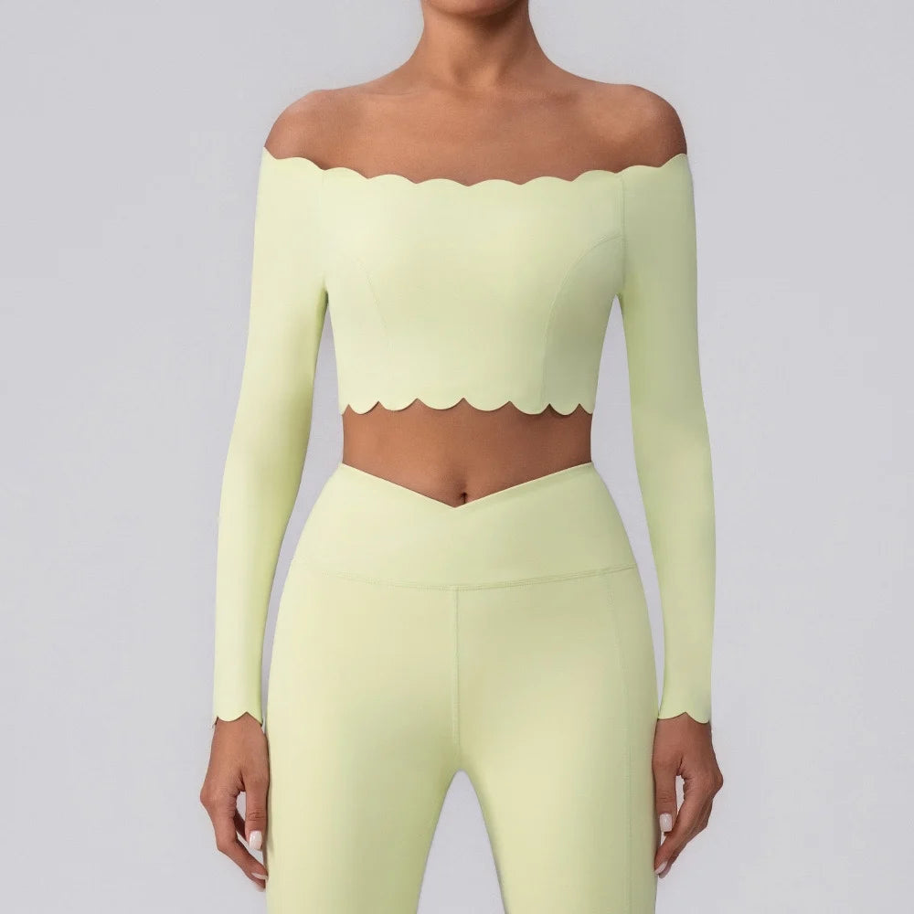 Fitness Clothing Set Wave  One Shoulder Long Sleeve Peach Long Pants Yoga Set Women Breathable Moisture Wicking Elastic