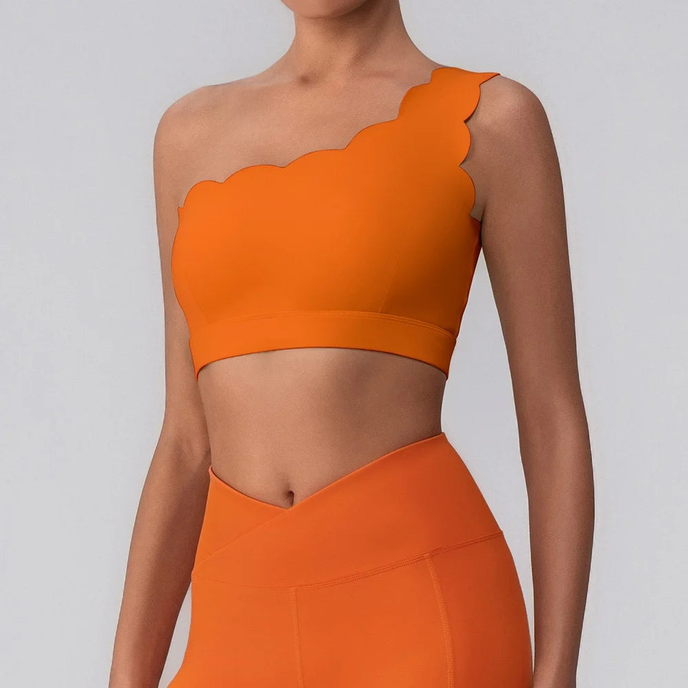 Fitness Clothing Set Wave  One Shoulder Long Sleeve Peach Long Pants Yoga Set Women Breathable Moisture Wicking Elastic