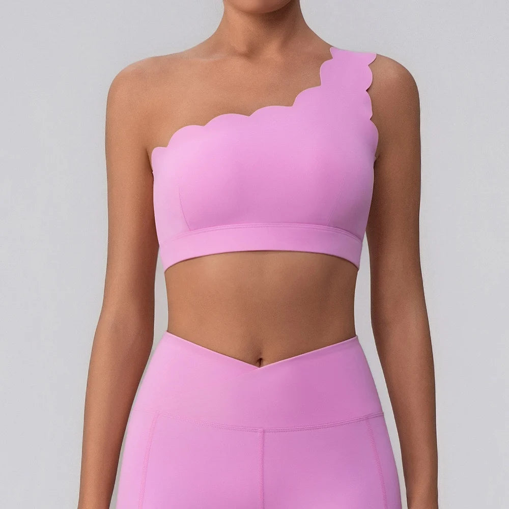 Fitness Clothing Set Wave  One Shoulder Long Sleeve Peach Long Pants Yoga Set Women Breathable Moisture Wicking Elastic