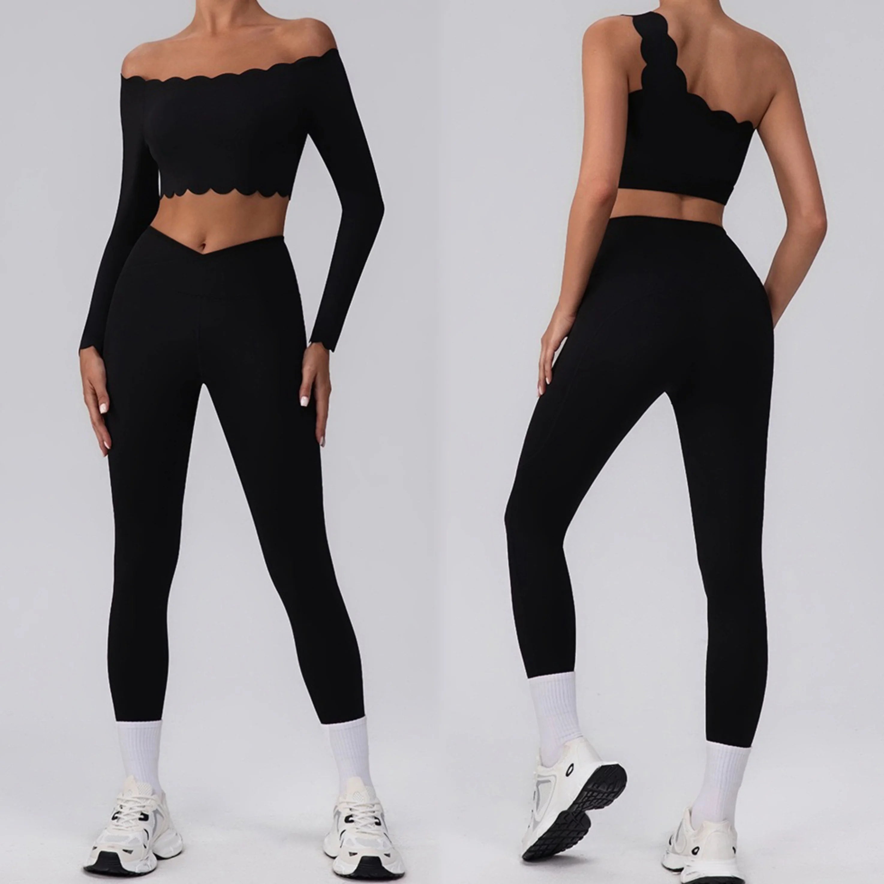 Fitness Clothing Set Wave  One Shoulder Long Sleeve Peach Long Pants Yoga Set Women Breathable Moisture Wicking Elastic