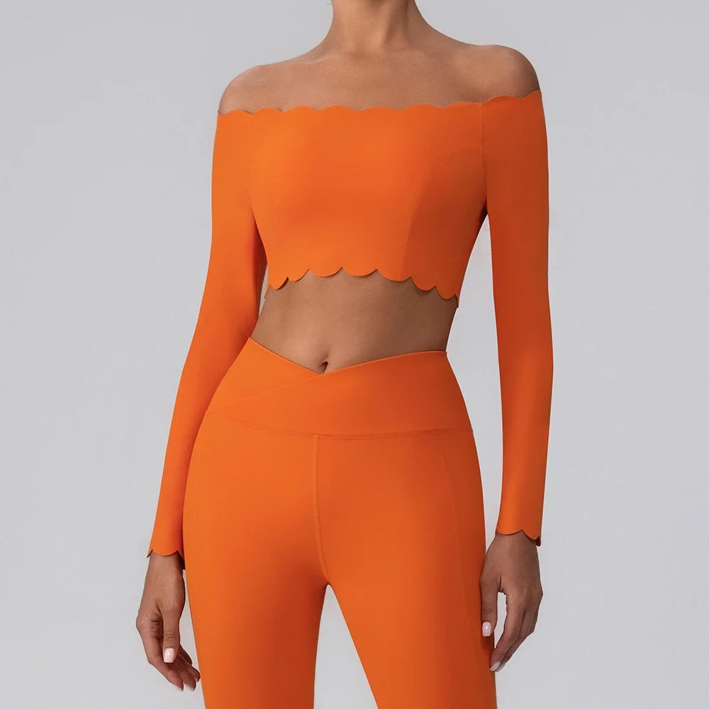Fitness Clothing Set Wave  One Shoulder Long Sleeve Peach Long Pants Yoga Set Women Breathable Moisture Wicking Elastic