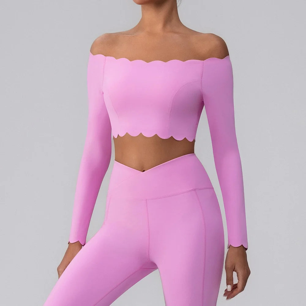 Fitness Clothing Set Wave  One Shoulder Long Sleeve Peach Long Pants Yoga Set Women Breathable Moisture Wicking Elastic