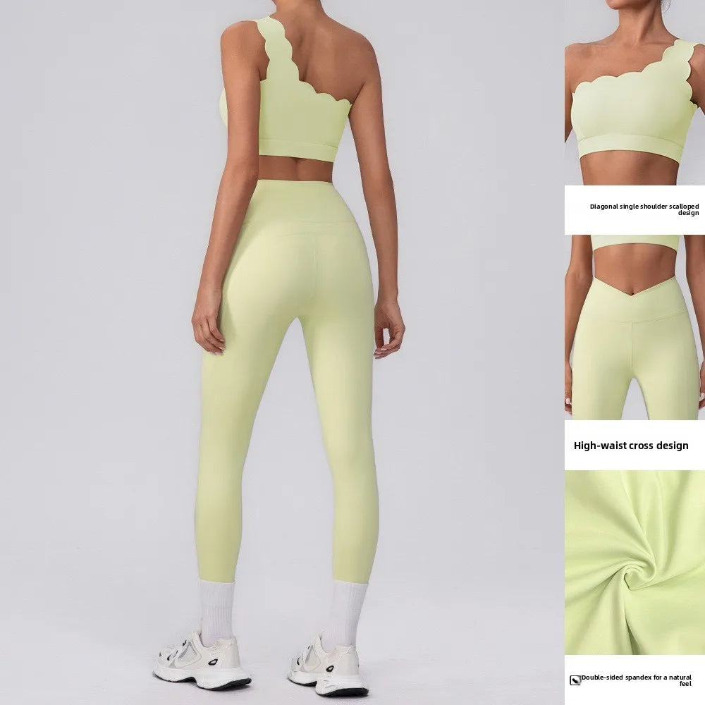 Fitness Clothing Set Wave  One Shoulder Long Sleeve Peach Long Pants Yoga Set Women Breathable Moisture Wicking Elastic