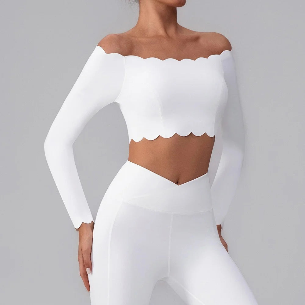 Fitness Clothing Set Wave  One Shoulder Long Sleeve Peach Long Pants Yoga Set Women Breathable Moisture Wicking Elastic
